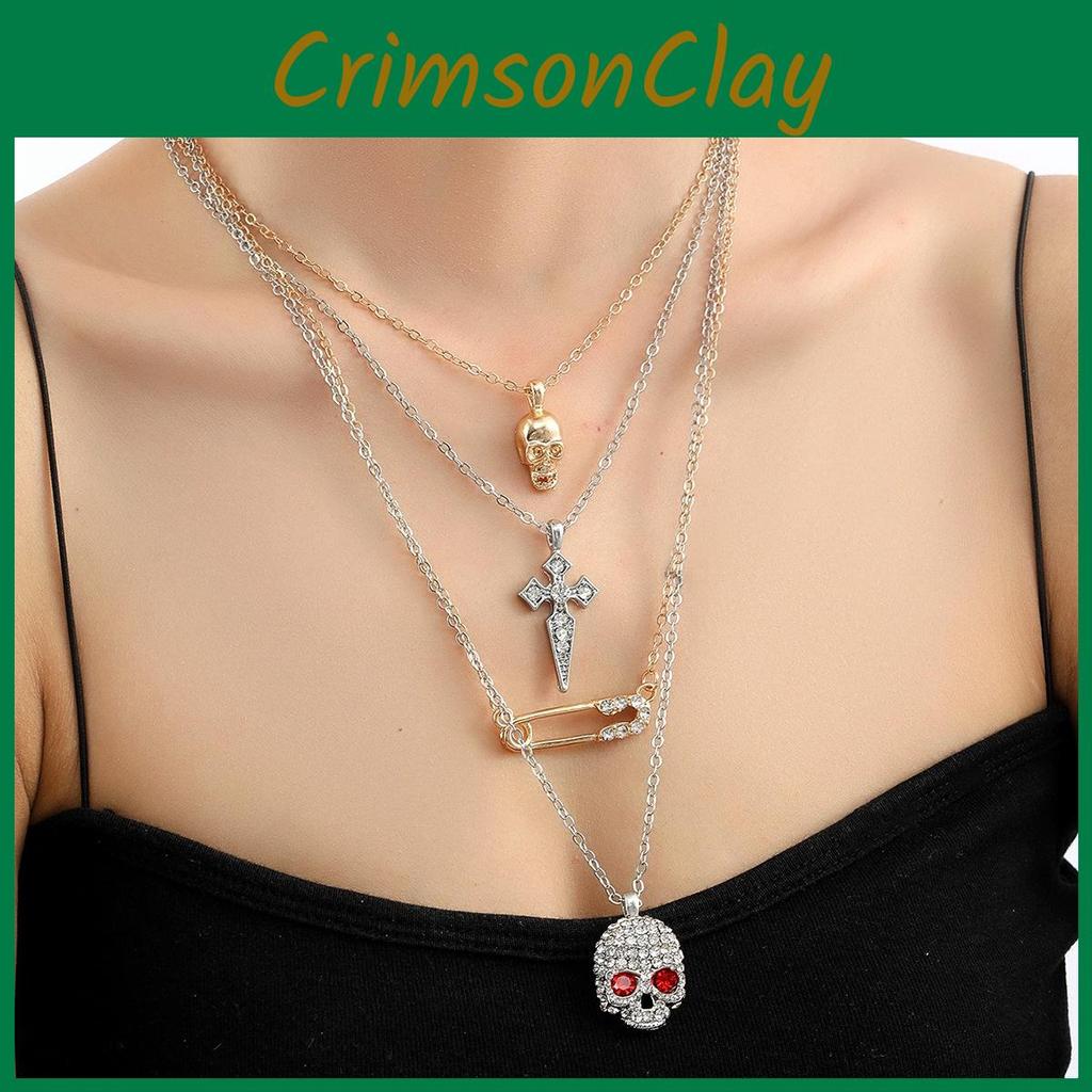 Halloween Cross Skull Pendant Necklace With Alloy And Water Wave Chain Women For