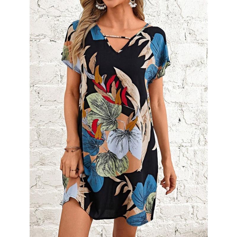 

Summer Tropical Print V-Neck Batwing Sleeve Dress, Women s Casual Holiday, Fitted Woven Fabric, Age 18-24, Popular Summer Style XL