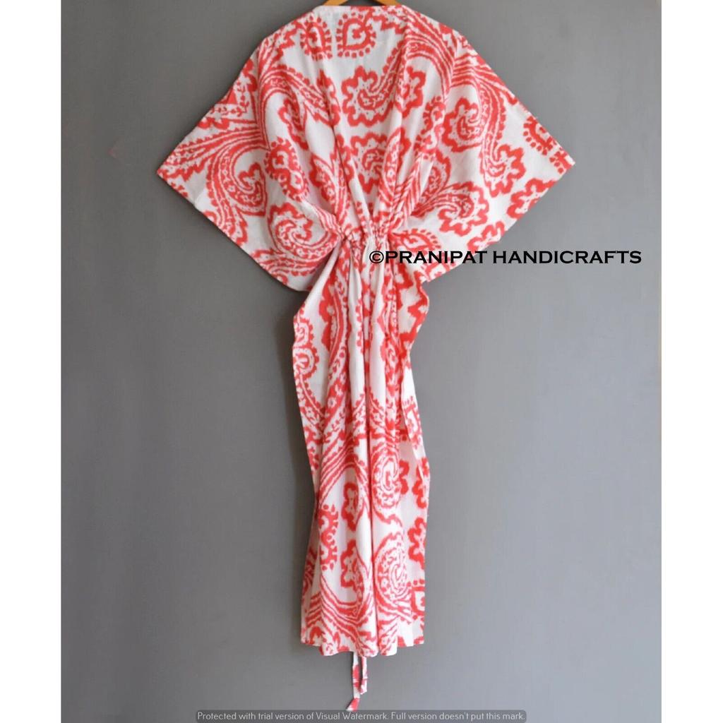 Damen Hippie Baumwolle Sommer Nachtwäsche Ikat Print Rot Langes Maxi Kaftan Kleid CKFTN-SCRN-FULL-BUYIT-093
