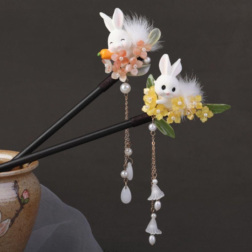 Flower Wooden Hair Stick Rabbit Hanfu Hairpin Antique   For Girl