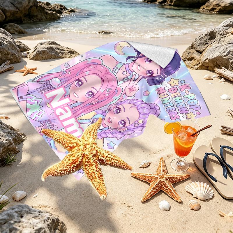 Custom Name Personalized KPop Demon Hunters Print Beach Towel, for Trip Camping Beach Party Home Decor, Birthday Gift for Family & Friends