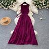 Women's V-neck Sleeveless Summer Dress Elegant Purple High-Waisted Tie-Waist Slimming A-Line Beach Dress