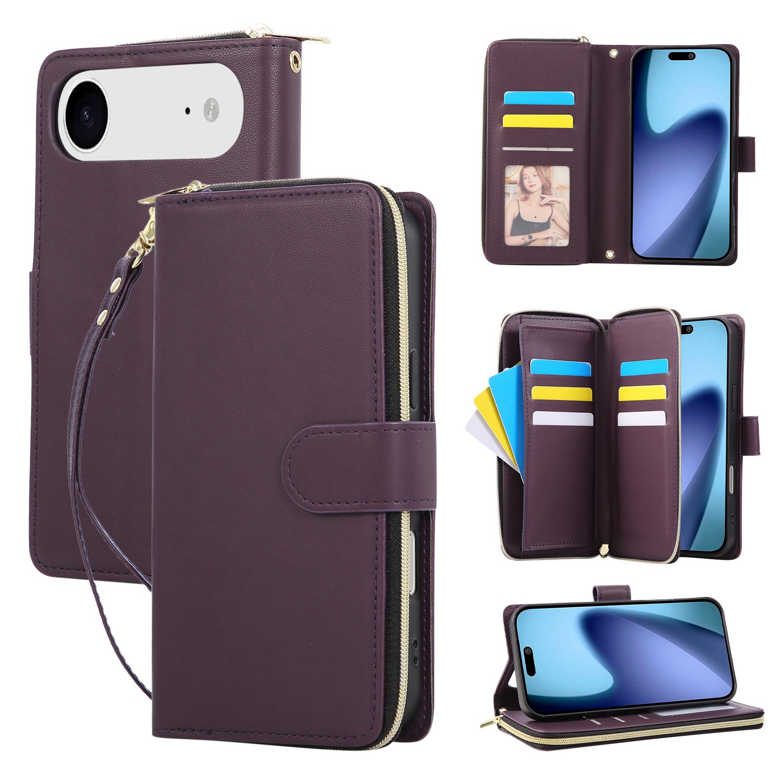 For iPhone Air Case 9 Card Slots Zipper Pocket PU Leather Cover with Wrist Strap B