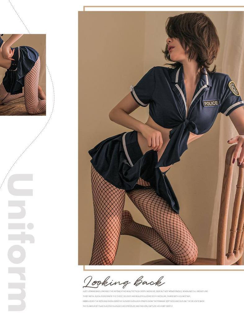 Manyan Sexy Policewoman Lace Top & Pleated Skirt Uniform, Bold Backless Design
