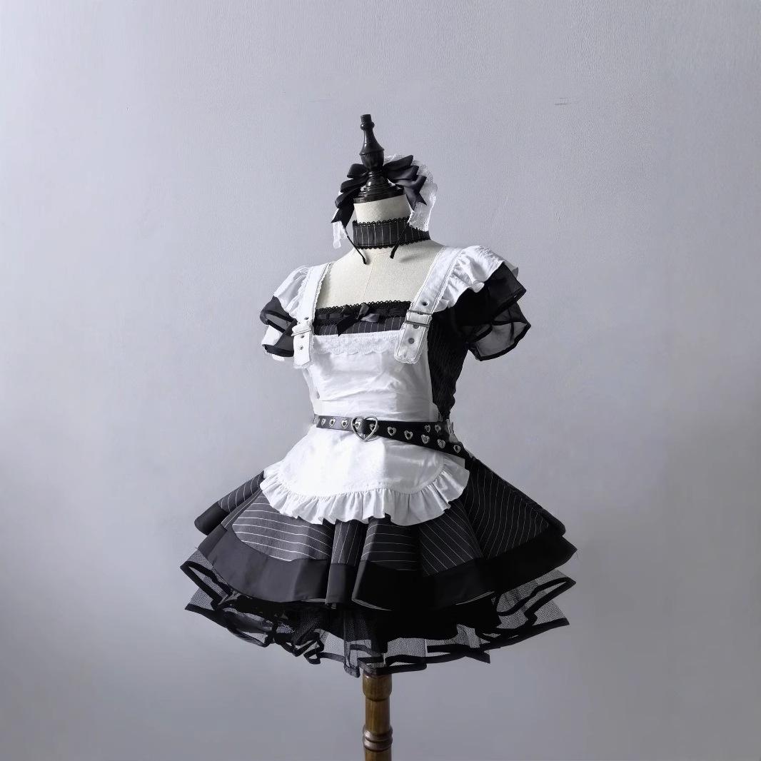 

Retro Black & White Striped Lolita Maid Cosplay Dress Set L