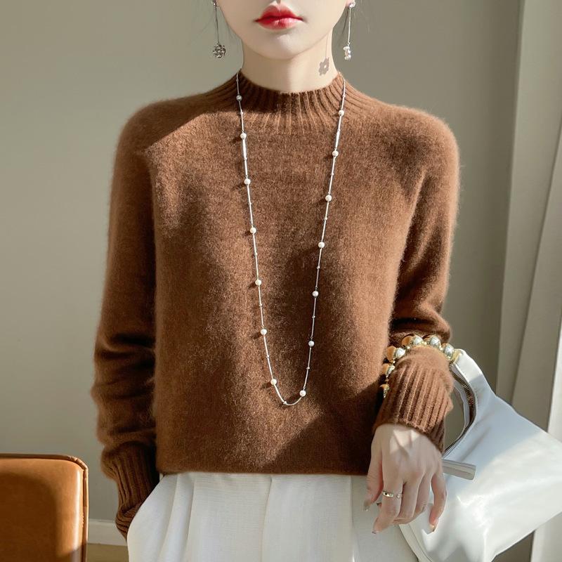 Women's Semi-High Neck Merino Wool Sweater - Autumn/Winter Collection, Versatile Knit Base Layer