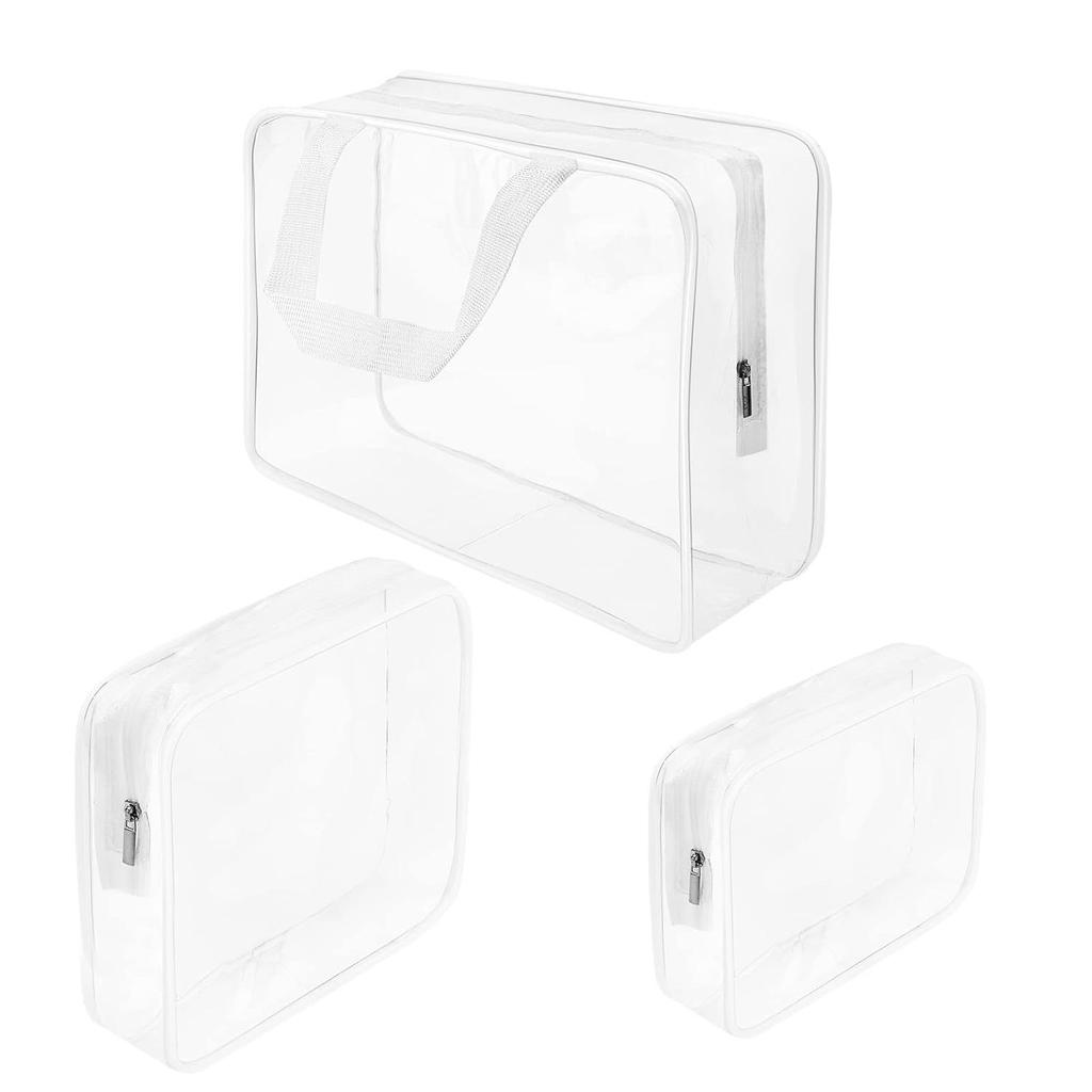 Set da 3 Sacchetti Cosmetici Trasparenti Extra Spessi — Pochette Impermeabili da Viaggio per Articoli da Toeletta e Organizer con Manici