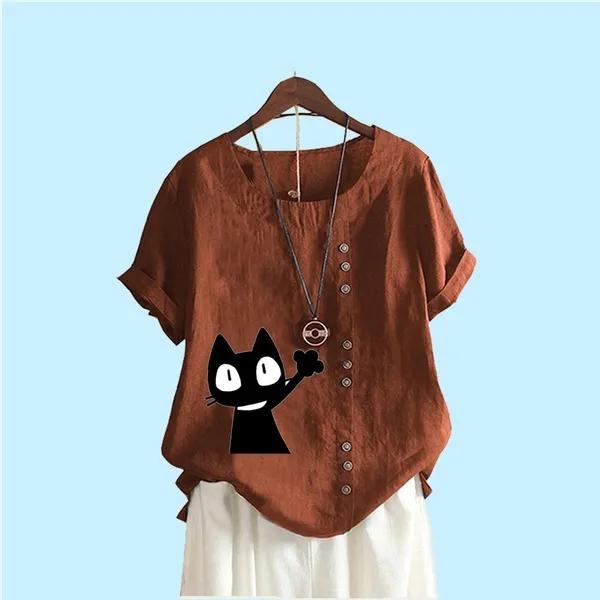 

Женские повседневные блузки с принтом, модная футболка с коротким рукавом, летняя свободная рубашка с круглым вырезом, рубашка больших размеров S коричневый