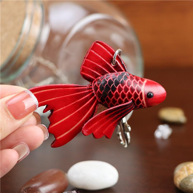 Primo Strato Pelle di Mucca Piccola Borsa Pesce Rosso Portachiavi Ciondolo Fatto a Mano Piccolo Pesce Rosso Piccolo Croaker Giallo Borsa Appesa Portachiavi Pesce Koi