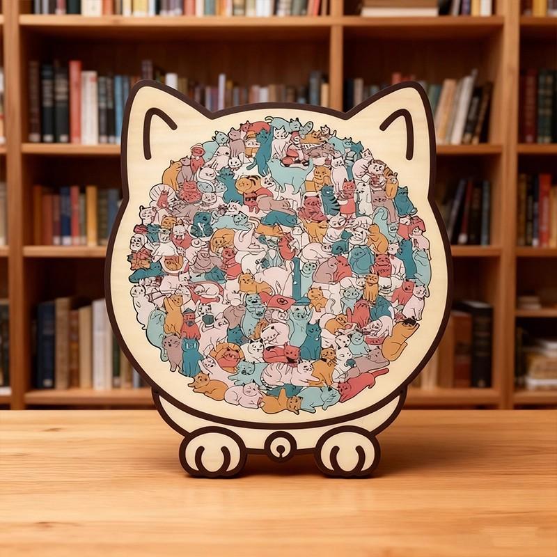 Cat Wooden Jigsaw Puzzle Irregular Shape Decompression Toy Unique Animal Puzzle with Frame Home Decor Gift for Adults Kids