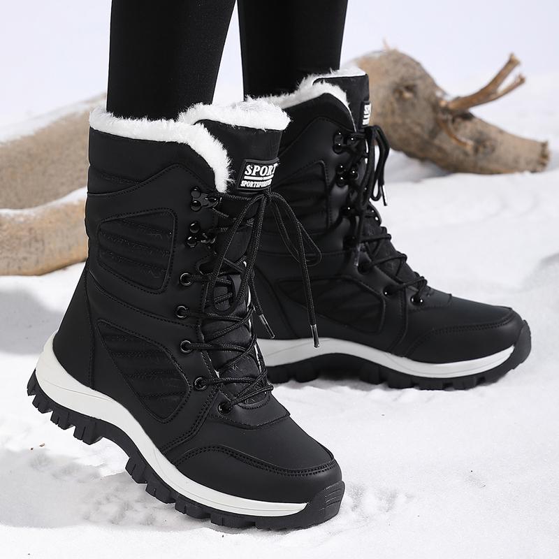 Women Waterproof Snow Boots Fashion High Boots PU Leather Cotton Shoes Plush Warm Hiking Sneakers Outdoor Walking Shoes