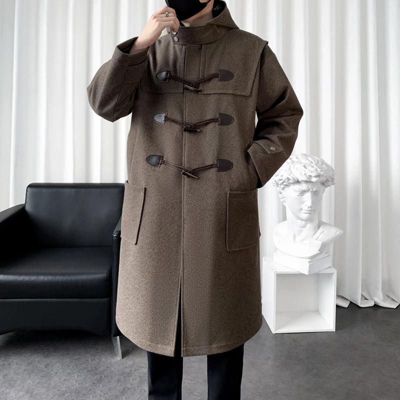 

Autumn Men Korean Hooded Trench Coat Men Casual Horn Button Woollen Coat Men Black Warm Long Coat Male Wool Blends Overcoat XXXL