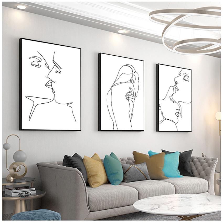Posters And Prints Wall Pictures For Living Room Decor Abstract Line Drawing Love Kiss Sexy Girl Wall Art Canvas Painting Nordic