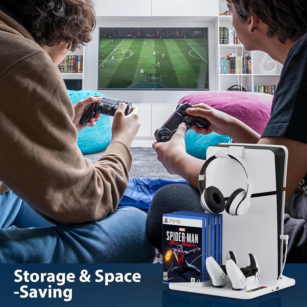 PARA PS5 Slim con estación de carga y soporte de almacenamiento para 8 juegos con ventilador de refrigeración y estación de carga para controlador PS5