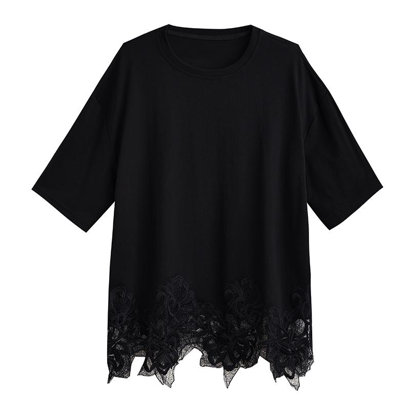 DIMANAF 2025 Summer Women Plus Size Basic T-Shirt Vintage Oversized Fashion Lace Casual Loose Black Tops Tees