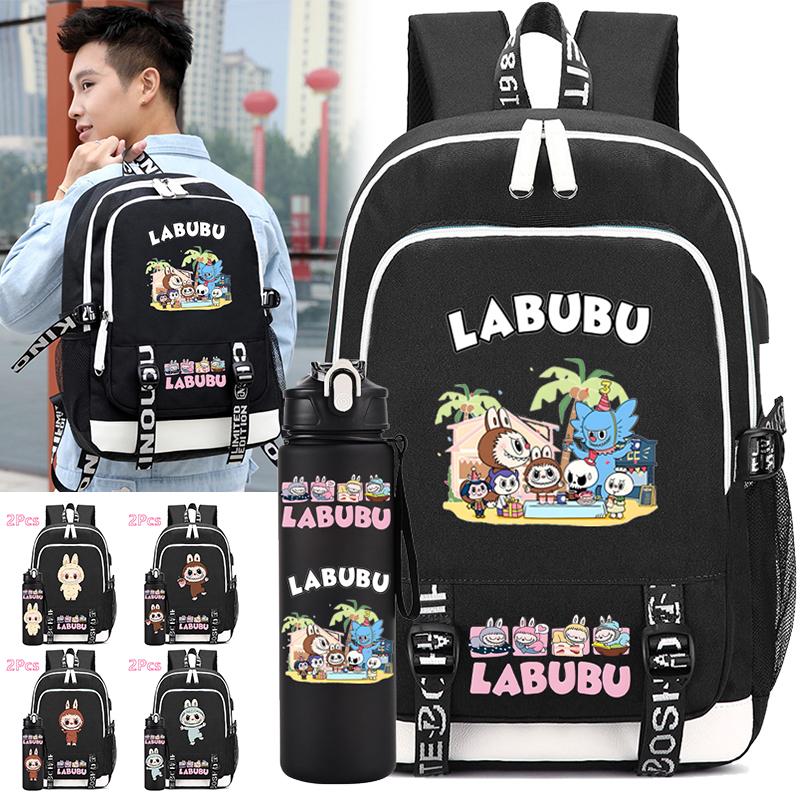 2Pcs/set Anime Cute Printed Backpack with Water Bottle Student Boy Girl Schoolbag Large Capacity Waterproof Bookbag Kid Gift