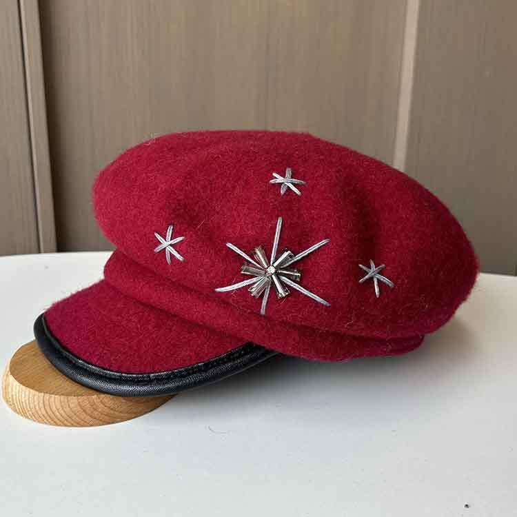 European and American Temperament Woolen Top Hat Hand-stitched Flower Star Anise Newsboy Hat Women's Autumn and Winter Knitted Bud Hat Tide