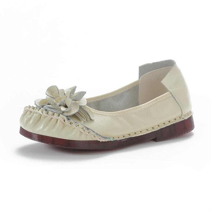 First Layer Cowhide Summer New Soft-soled Beef Tendon Sole Women's Shoes Ethnic Style Flower Genuine Leather Single Shoes Middle-aged Mother's Shoes