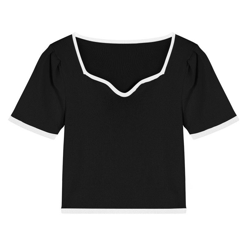 Design Sense Square Neck Knitted Short-sleeved T-shirt Tops Spring and Summer Slim Bottoming Shirt Female Casual Essential Slim Fit Pullovers Tees