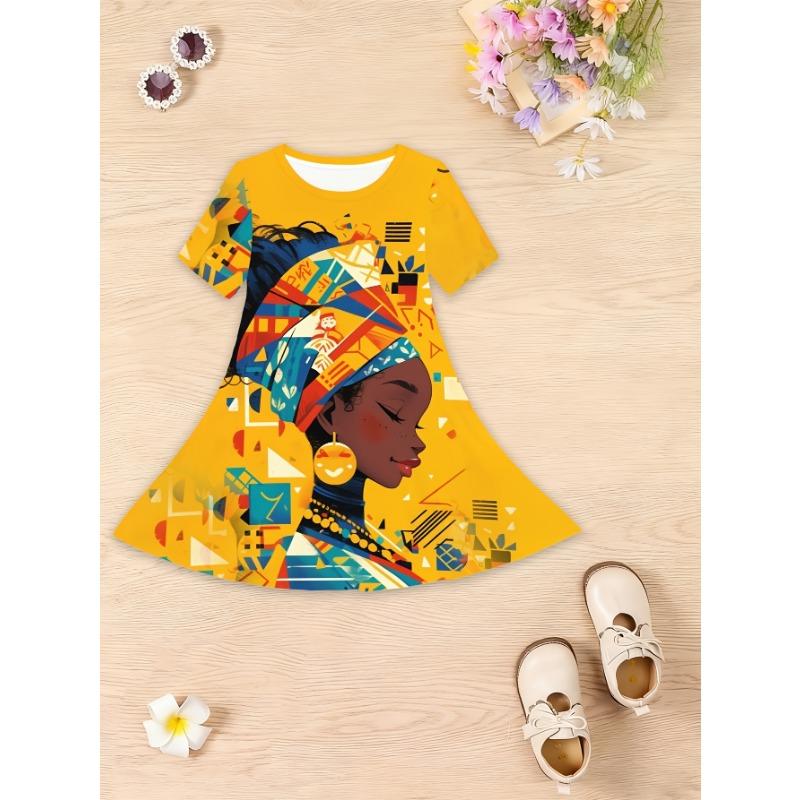 

Girls Elegant Princess 3D Printed Short Sleeve Dress, Crew Neck Elegant Summer Casual Dress 110