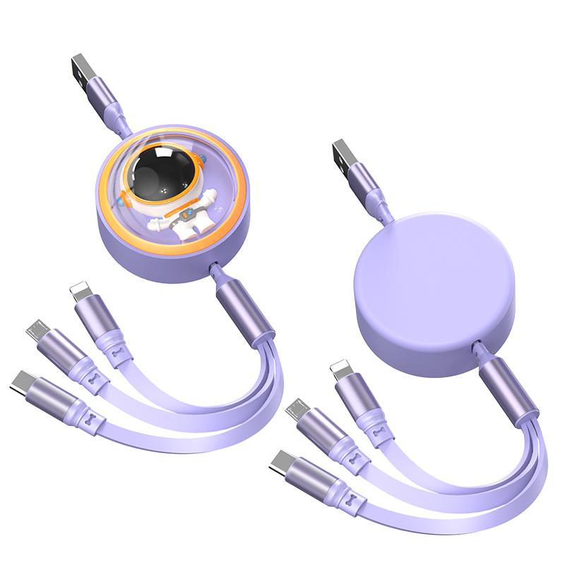 Three in One Retractable USB 100W Cable for Fast Charging and Data Mini USB C- type Suitable for IPhone, Android, Xiaomi, Huawei