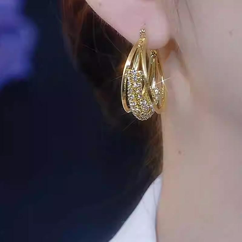 European and American exaggerated three-layer diamond-encrusted hollow earrings, simple temperament geometric earrings, high-end earrings