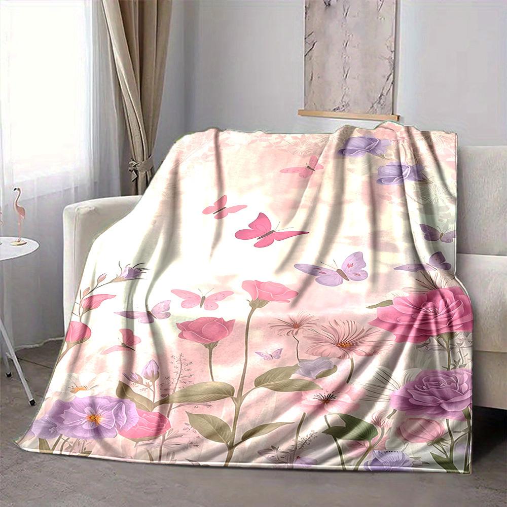 1pc Floral Butterflies Lightweight Flannel Blanket, Comfortable and Warm Blanket, for Office and Camping Sofa Bed, Livingroom176