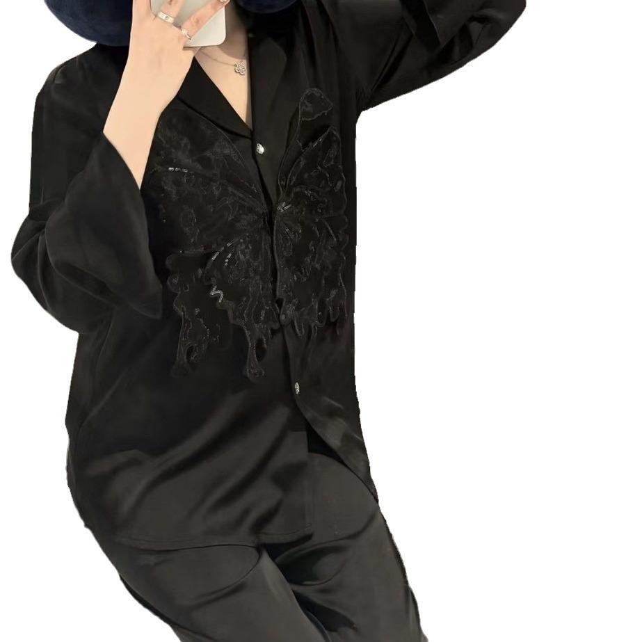 Sexy pajamas women's ice silk butterfly long-sleeved trousers, new models can be worn outside, solid color silk loungewear