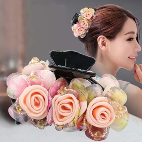 Non-slip Crossing Teeth Women Hair Claw Flower Beads Decor Bow Bath Hair Claw Styling Tool
