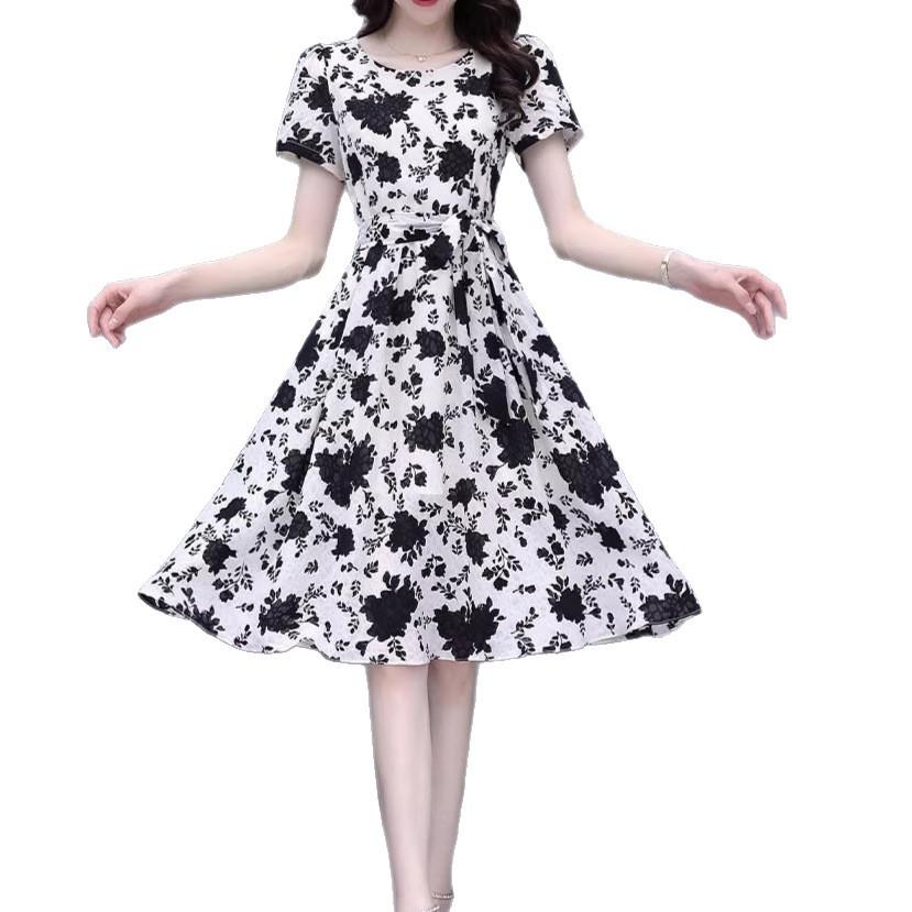 Summer elegant peach heart collar printed strap dress women's high waist middle-aged mother outfit temperament A-shaped medium skirt