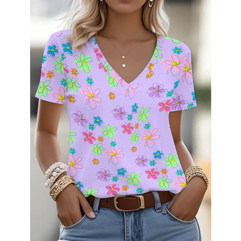 

Women s Abstract Floral Print Vneck Tshirt, Suitable for Spring Festival Wearing, with a Vintage Retro and Playful Artistic Style XL