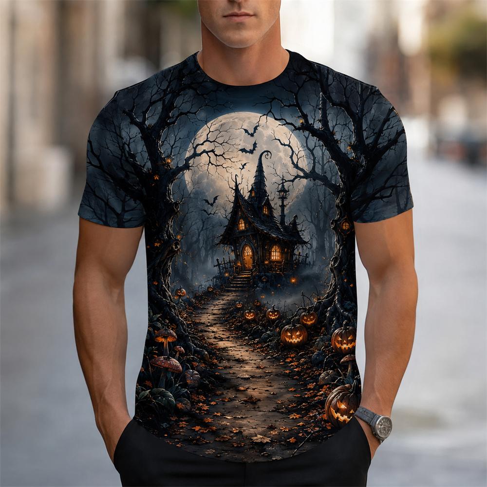 Halloween Horror Black Castle Print Short Sleeve T Shirts For Men Trend Streetwear Personality Holiday Essentials Pumpkin Tshirt