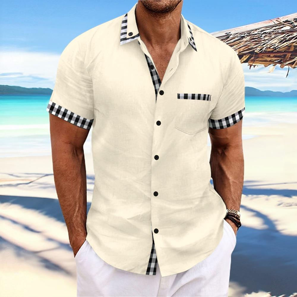 Summer New European and American Men's Beach Casual Pocket Patchwork Lapel Short Sleeved Shirt