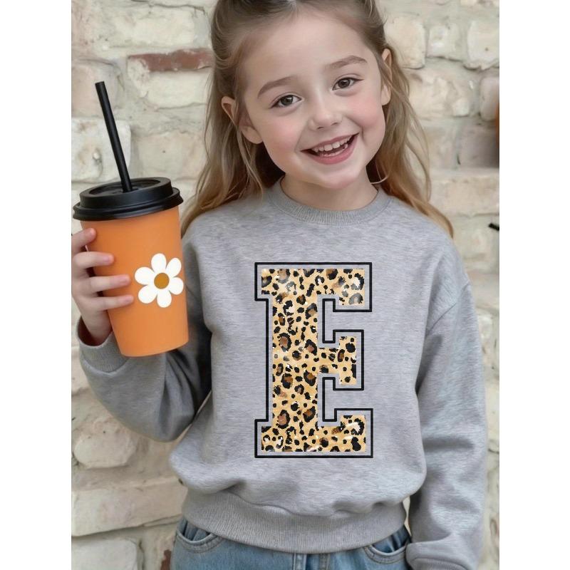 Kids Crewneck Sweatshirt, Black Floral Print with Leopard Letter E Graphic