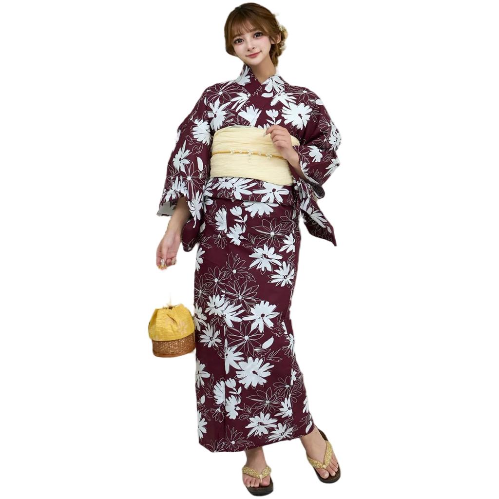 RAVIR Yukata Neat and White Daisy Standout Japanese Fluffy and Geta One Size Fits All Women's 3-Piece Set, Bordeaux, Clean, Print, Style, Obi,