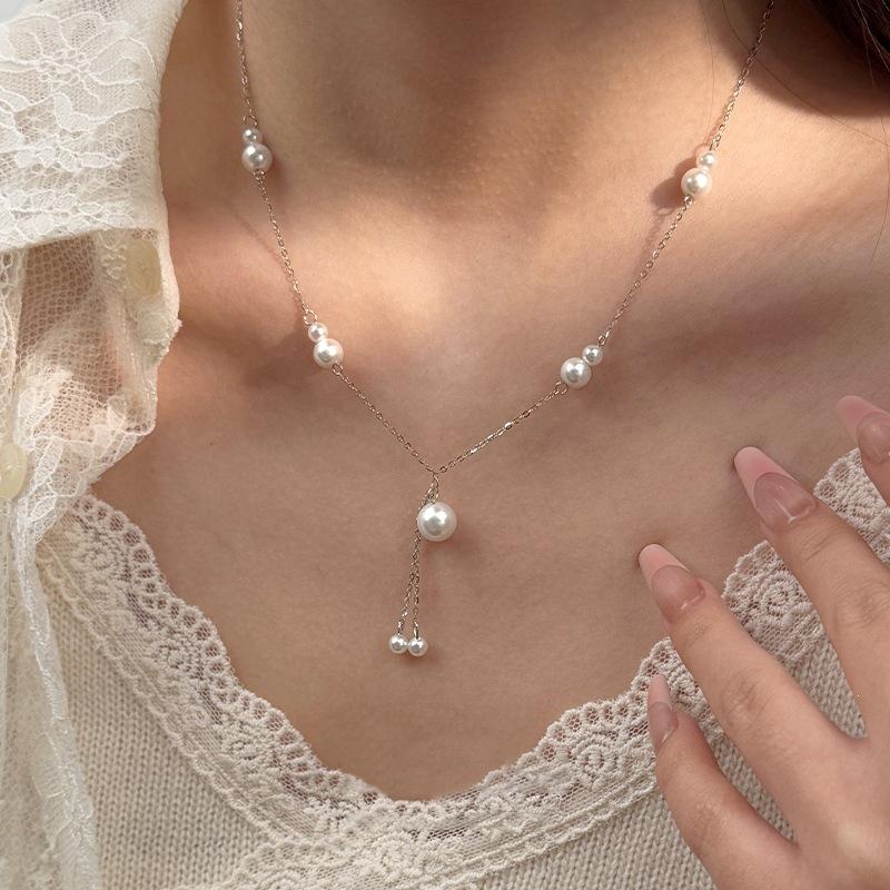 Luminous Tassel Necklace 925 Silver with High-Luster Faux Pearl a Flowing Drop of Elegance That Moves With You