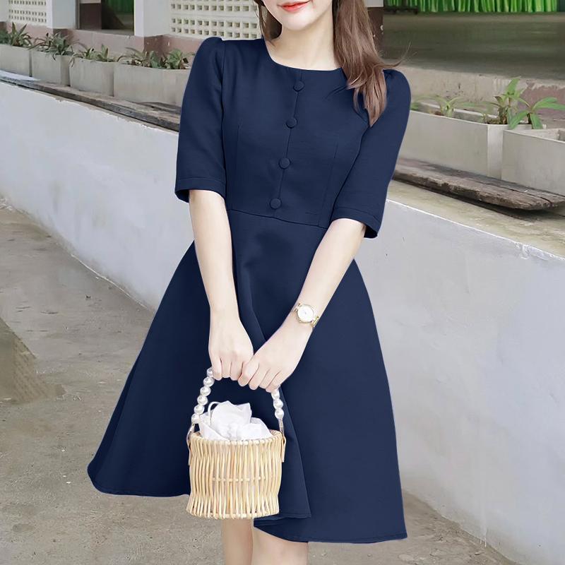 

ZANZEA Женское повседневное однотонное платье с круглым вырезом и коротким рукавом тёмно-синий