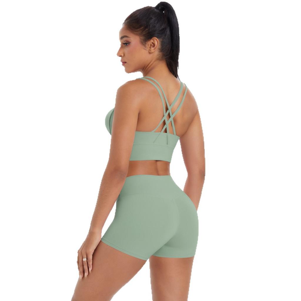 New Naked Matte Yoga Dress Cross Back Sports Bra Set Quick Drying Tight Hip Lifting Fitness Suit Two Piece Set For Women