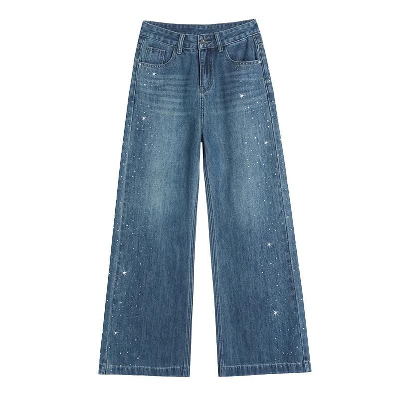 Rhinestone Wide-Leg Women's Jeans: Fashionable, Slimming, Versatile, Floor-Length Pants for Spring and Autumn