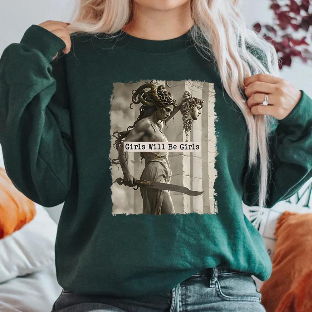 

Vintage Girls Will Be Girls Sweatshirt Feminist Sweater Women s Empowerment Hoodies Casual Long Sleeve Pullover Feminism Hoodies S темно-зелений колір