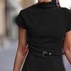Lady Dress Solid Color Short Sleeve Half High Collar Tight Waist Oblique Hem Office Dress Female Clothes
