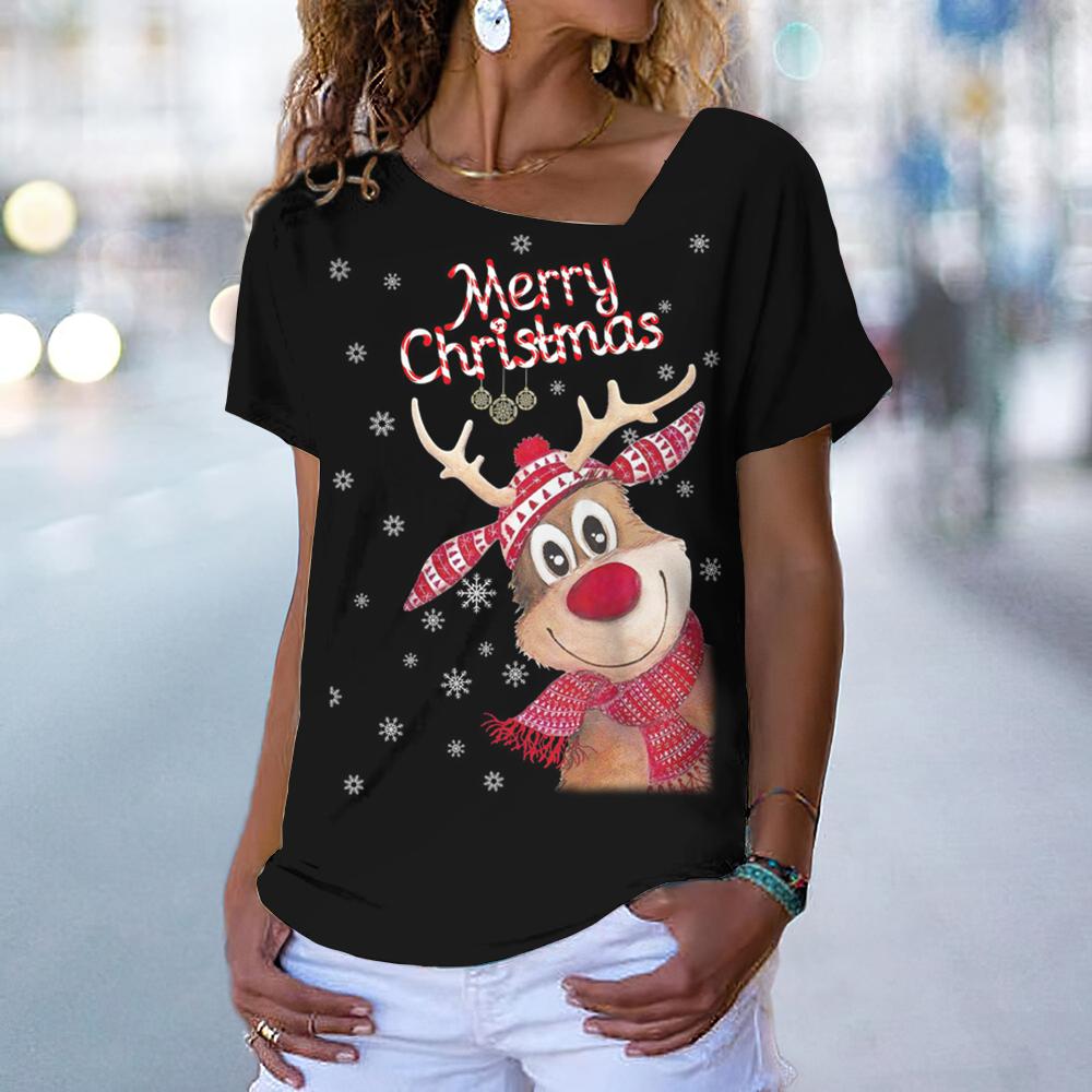 Christmas Elk Print Women's T-Shirt Kawaii Fashion Woman Clothing Oversized V-Neck Ladies Short Sleeve Tops Casual Pullover Tee