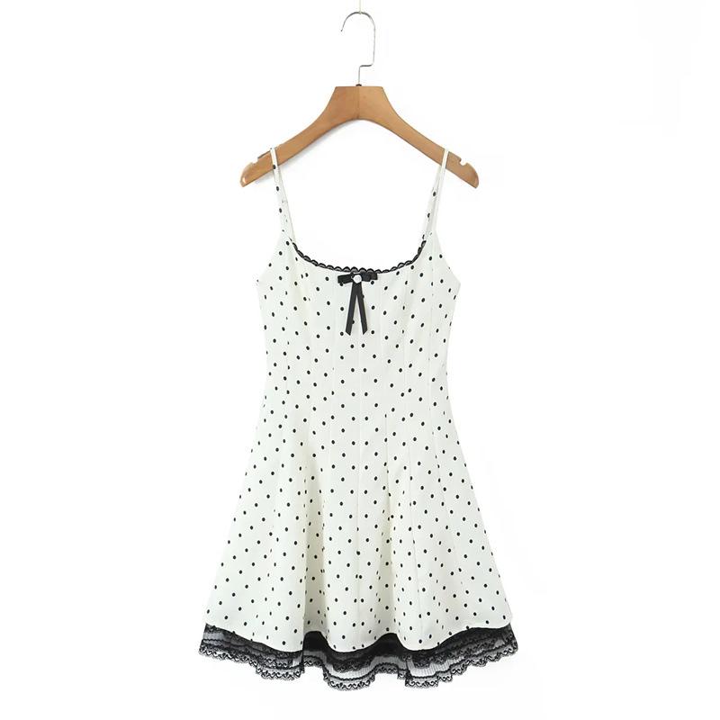 Women's Korean Style Lace Patchwork Polka Dot Sleeveless Camisole Dress – Waist-Cinched, Sexy French Short Skirt for Summer