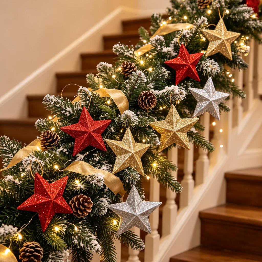 60/4x Glitter Five Pointed Star Pendants Christmas Tree Hanging Ornament Home Holiday Party New Year Festive Decoration Supplies