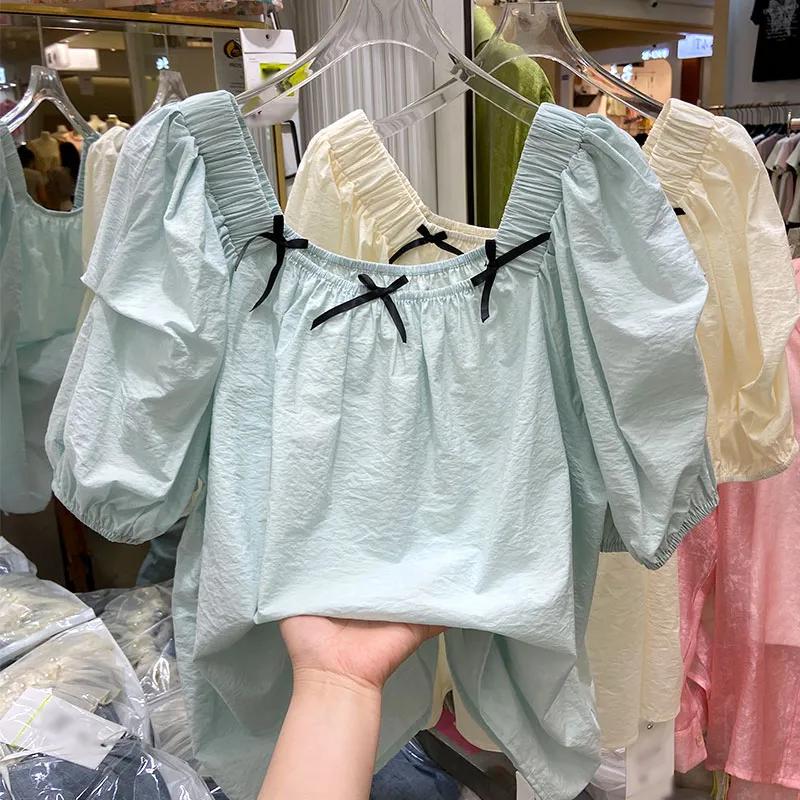

Women s Cream Puff Sleeve Blouse Square Neck Bow Detail Loose Casual Top L синій