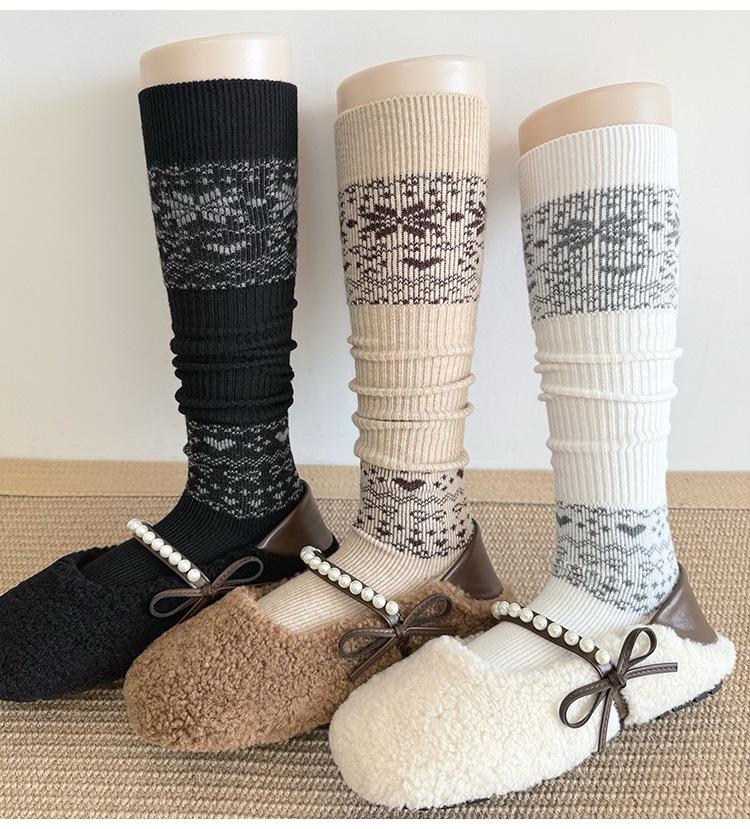 Women's Wool Mid-Calf Socks: Thickened Autumn/Winter Brown Slouch & Gray Stirrup Warmers