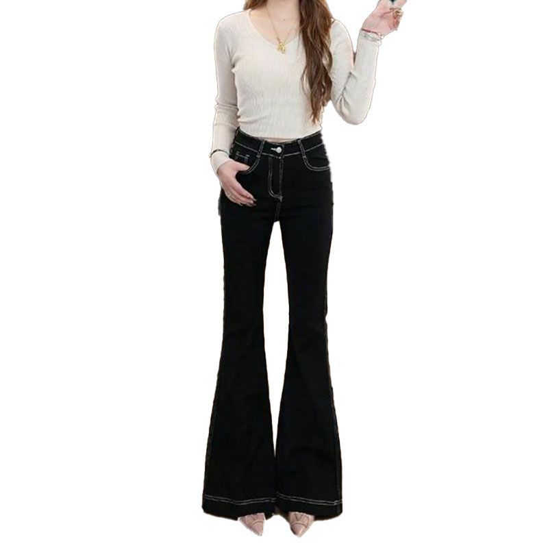 Bequeme Schwarze Tasche Bestickte Mikro-ausgestellte Jeans Damen Frühling und Sommer Hochtailliert Elastisch Übergröße Skinny Hose Lange Denimhose