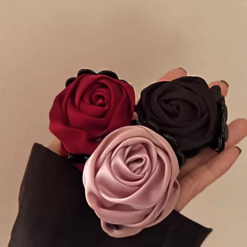 French Big Rose Flower Hair Claw Clips for Women Girls Vintage Satin Solid Fabric Handmade Shark Hairgrip Accessories New