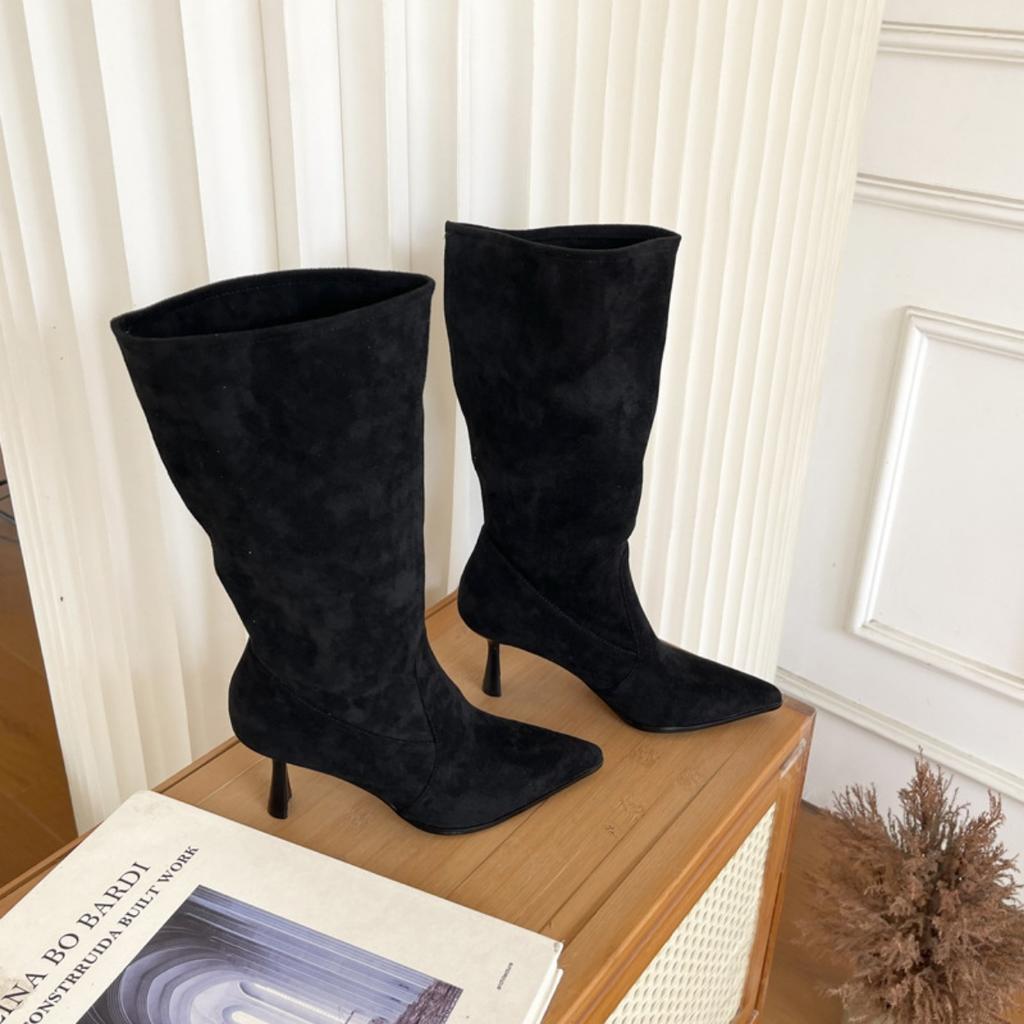 Všestranné boty s krátkým vlasem, tenký podpatek, vysoký podpatek, westernové kovbojské boty, krátké boty, dámské meruňkové úzké středně vysoké boty