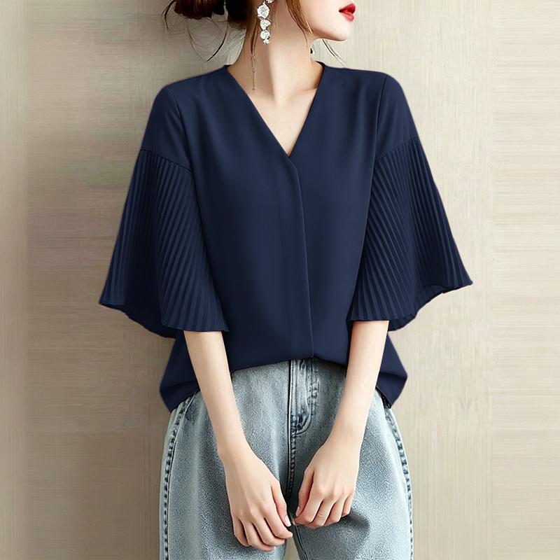 

ZANZEA Women Casual V-Neck Pleated Half Sleeve Loose Blouse 4XL темно-синього кольору